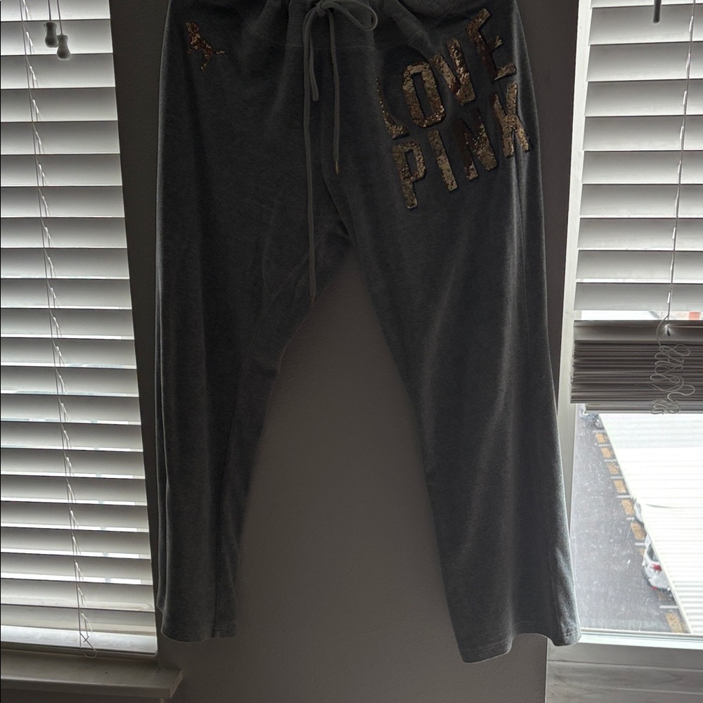 PINK Victoria's Secret Charcoal Gray Joggers with Gold Sequin 'LOVE PINK'